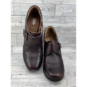 Clarks Artisan Women Burgundy Leather Monk Strap Wingtip Brogue Heels Size 8.5M